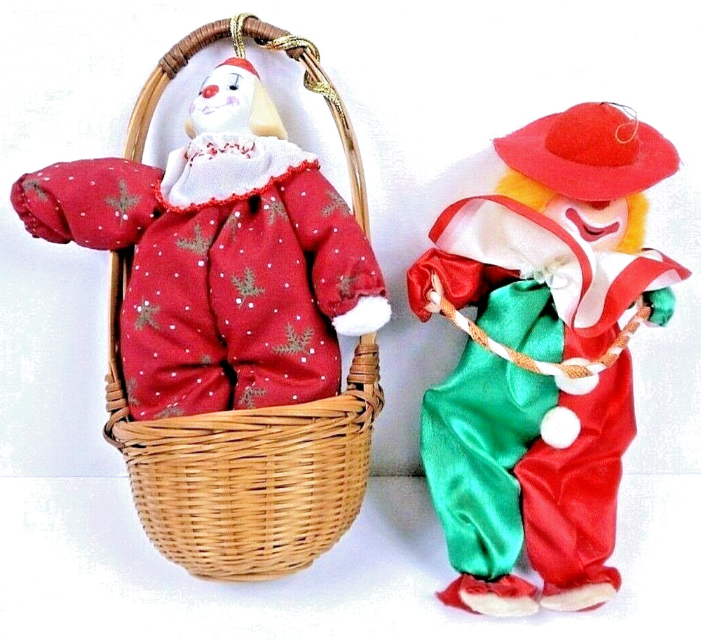 Vintage Enesco Clown Figures Hanging in Basket Cloth Pair of 2 1985 RUSS 1980's